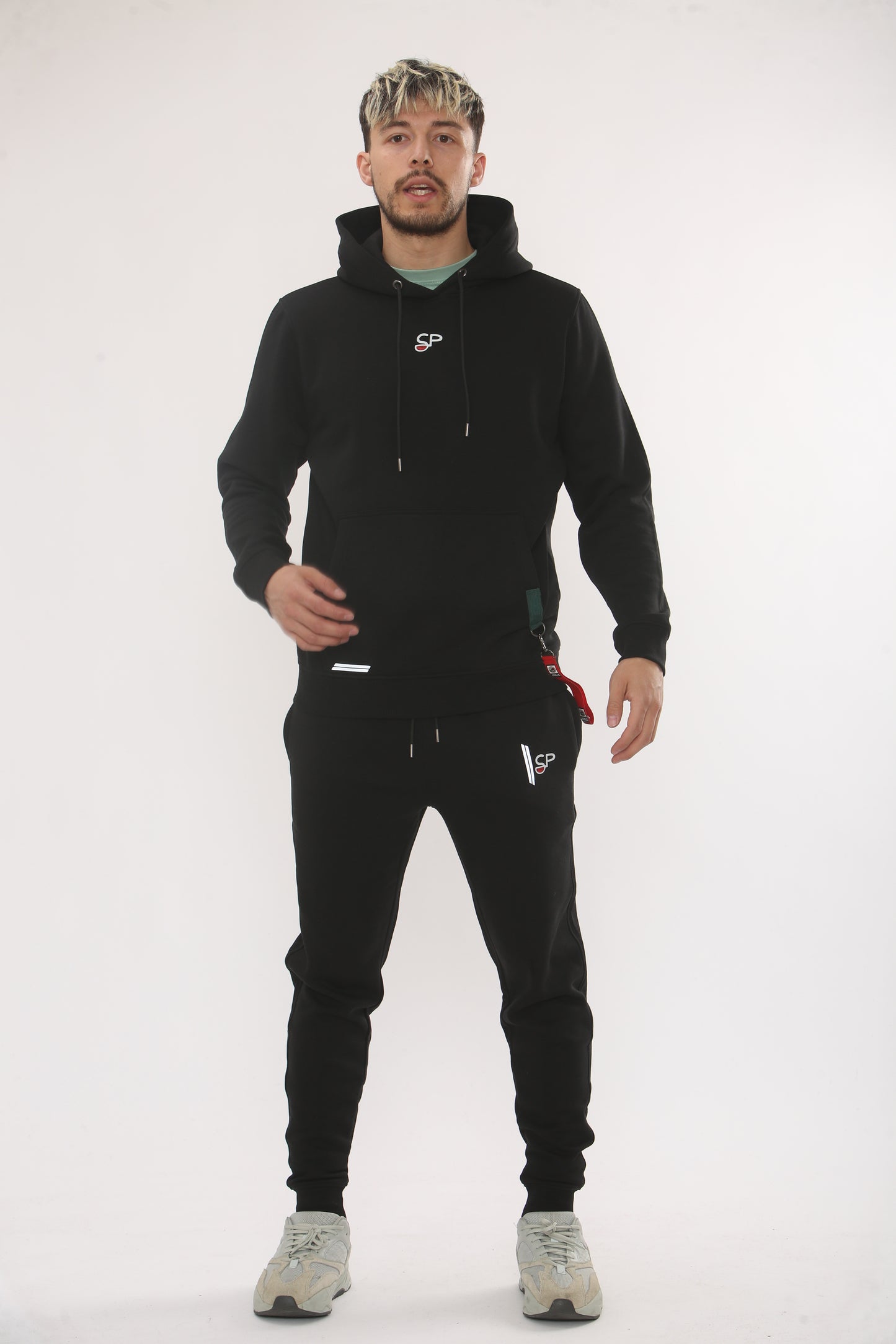 BLACK HOODIE TRACKSUIT . SIDE STRAP