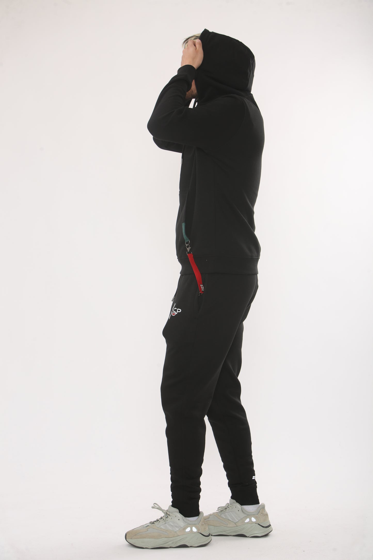 BLACK HOODIE TRACKSUIT . SIDE STRAP