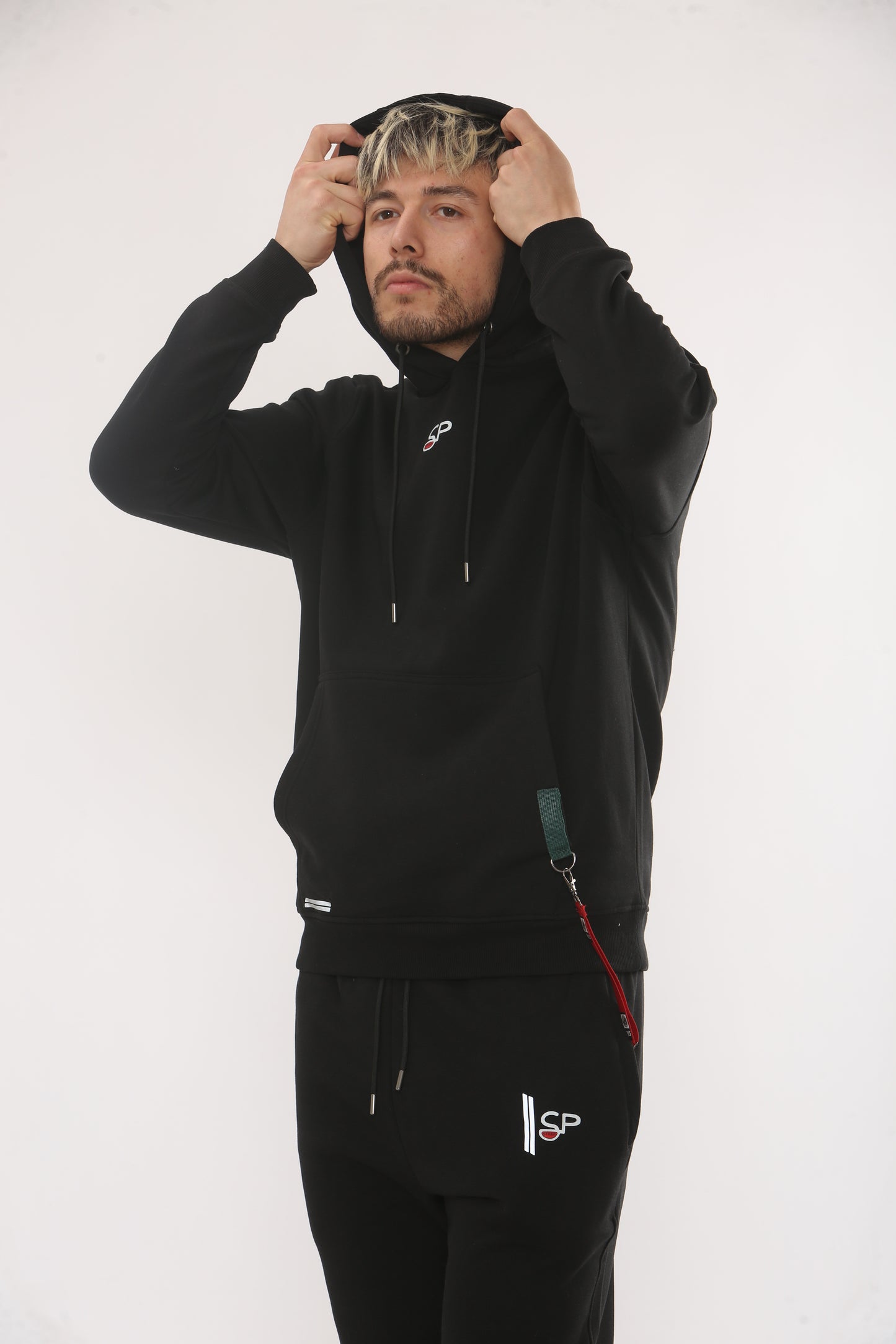 BLACK HOODIE TRACKSUIT . SIDE STRAP