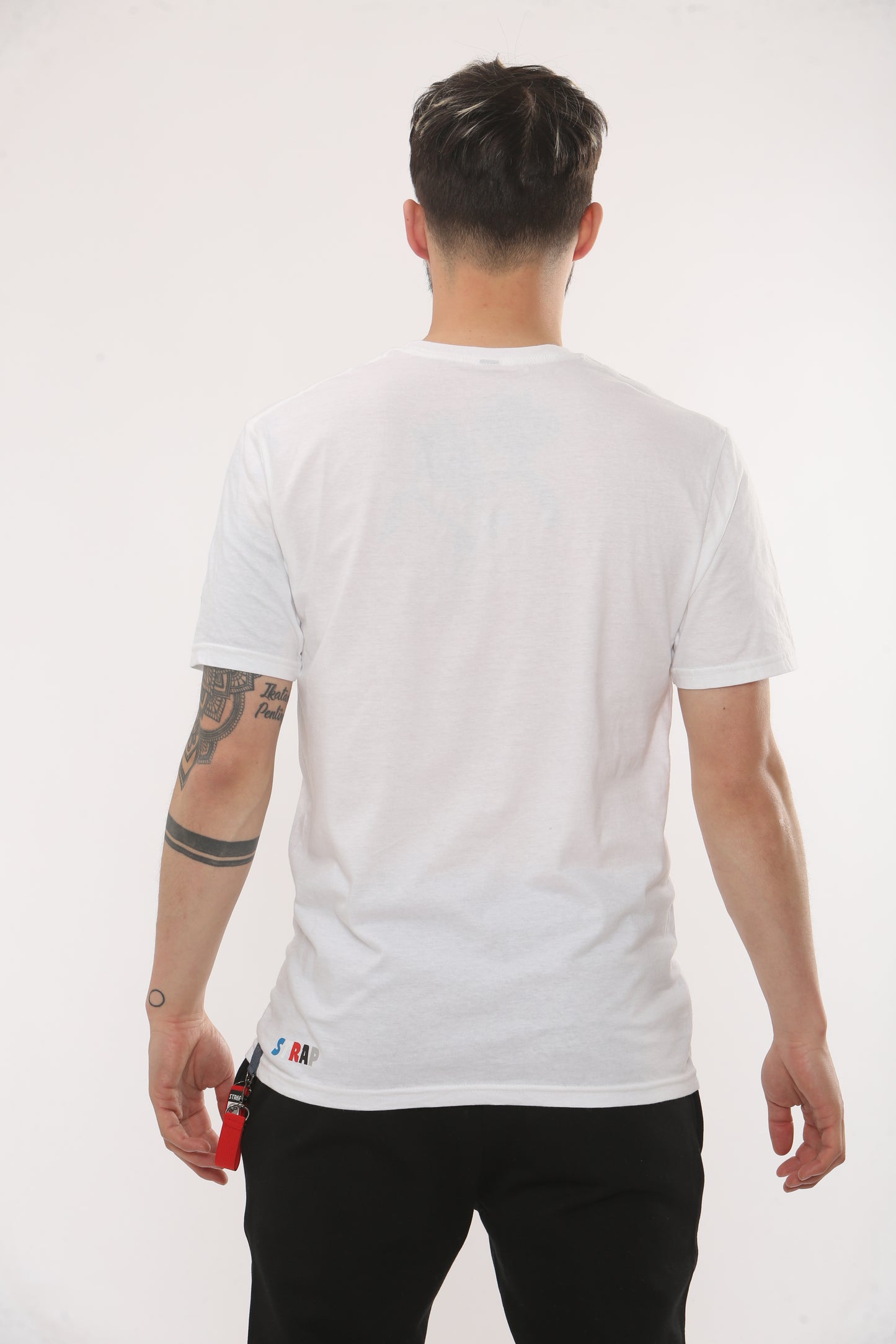 White Tshirt with side logo and reflective and bottom strap connection