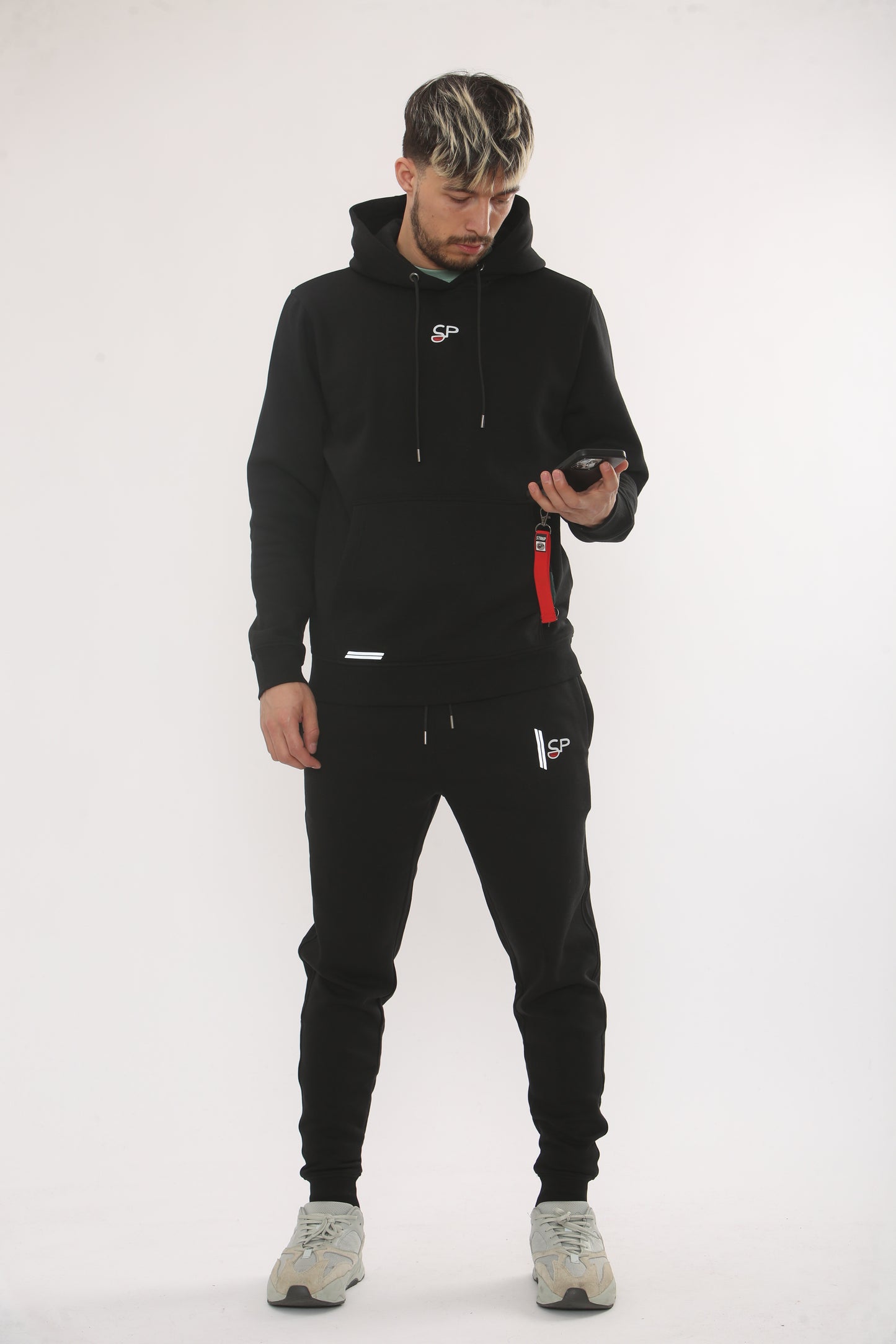 BLACK HOODIE TRACKSUIT . SIDE STRAP