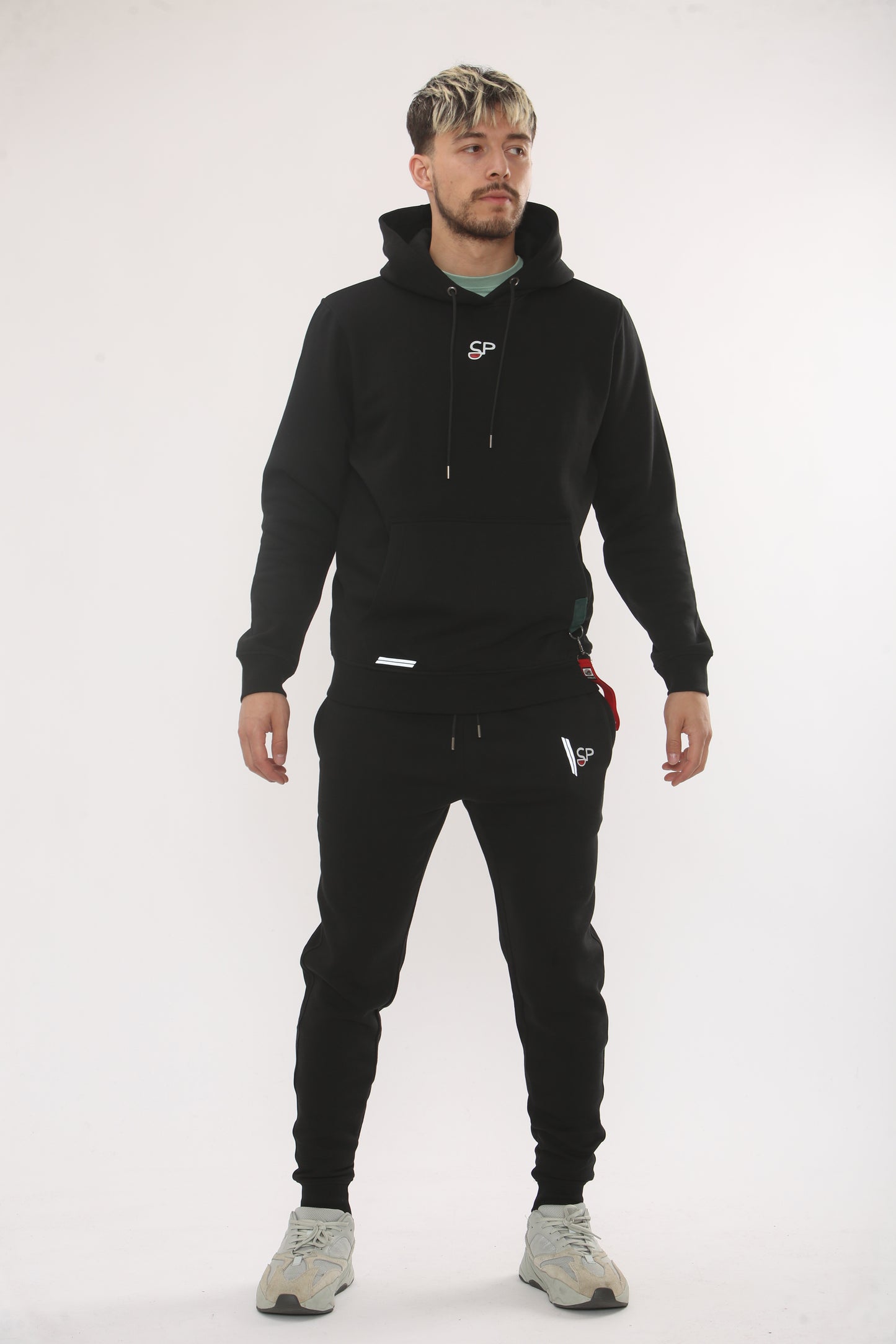 BLACK HOODIE TRACKSUIT . SIDE STRAP