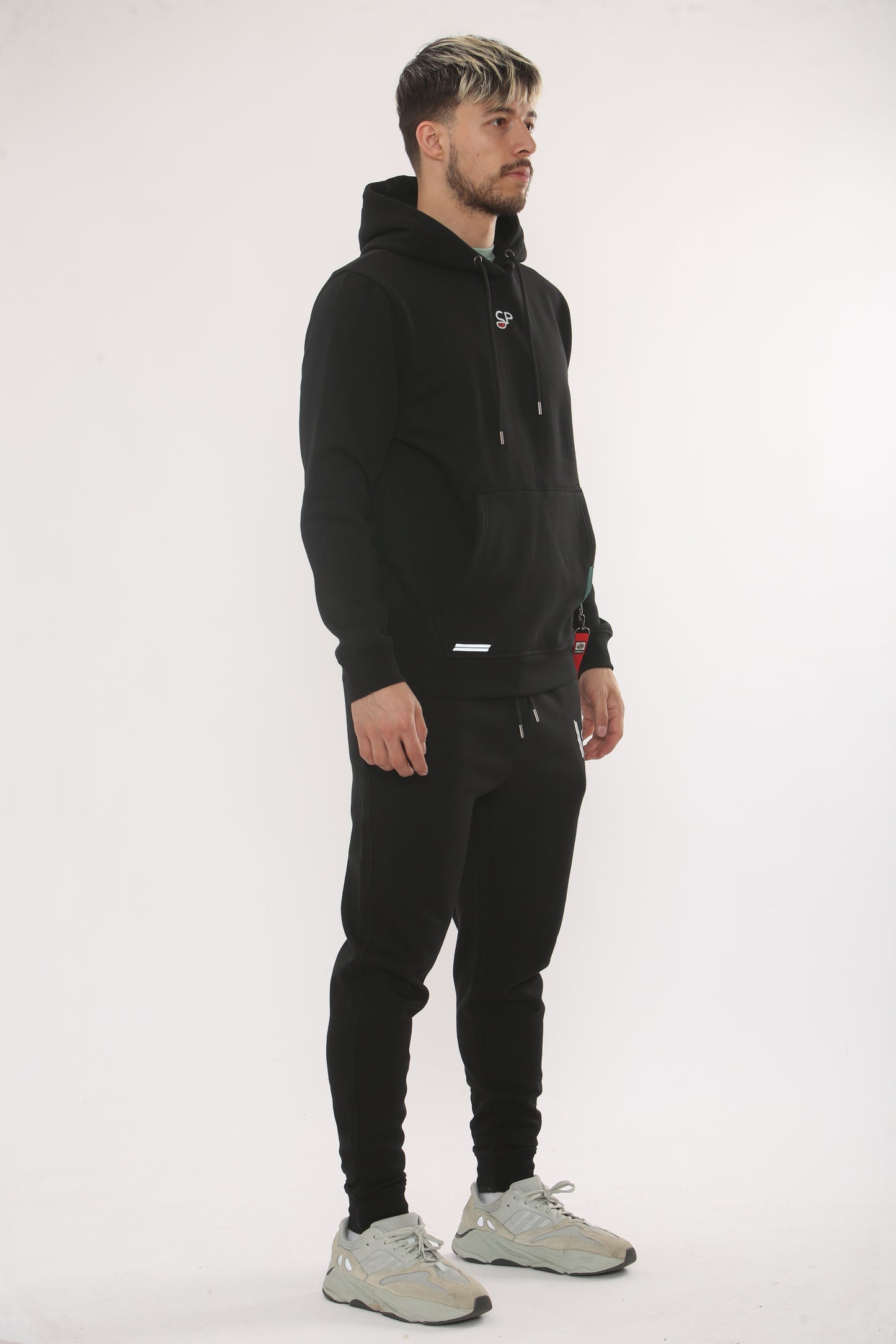 BLACK HOODIE TRACKSUIT . SIDE STRAP