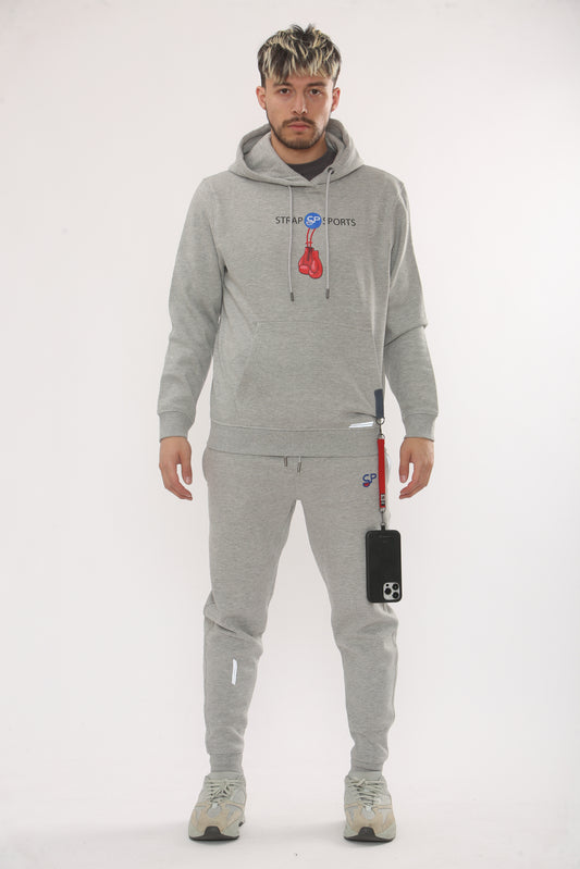 GREY HOODIE TRACKSUIT WITH CENTRE LOGO AND GLOVES SIDE STRAP