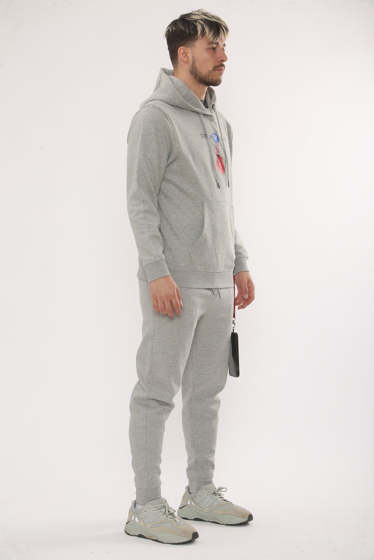 GREY HOODIE TRACKSUIT WITH CENTRE LOGO AND GLOVES SIDE STRAP