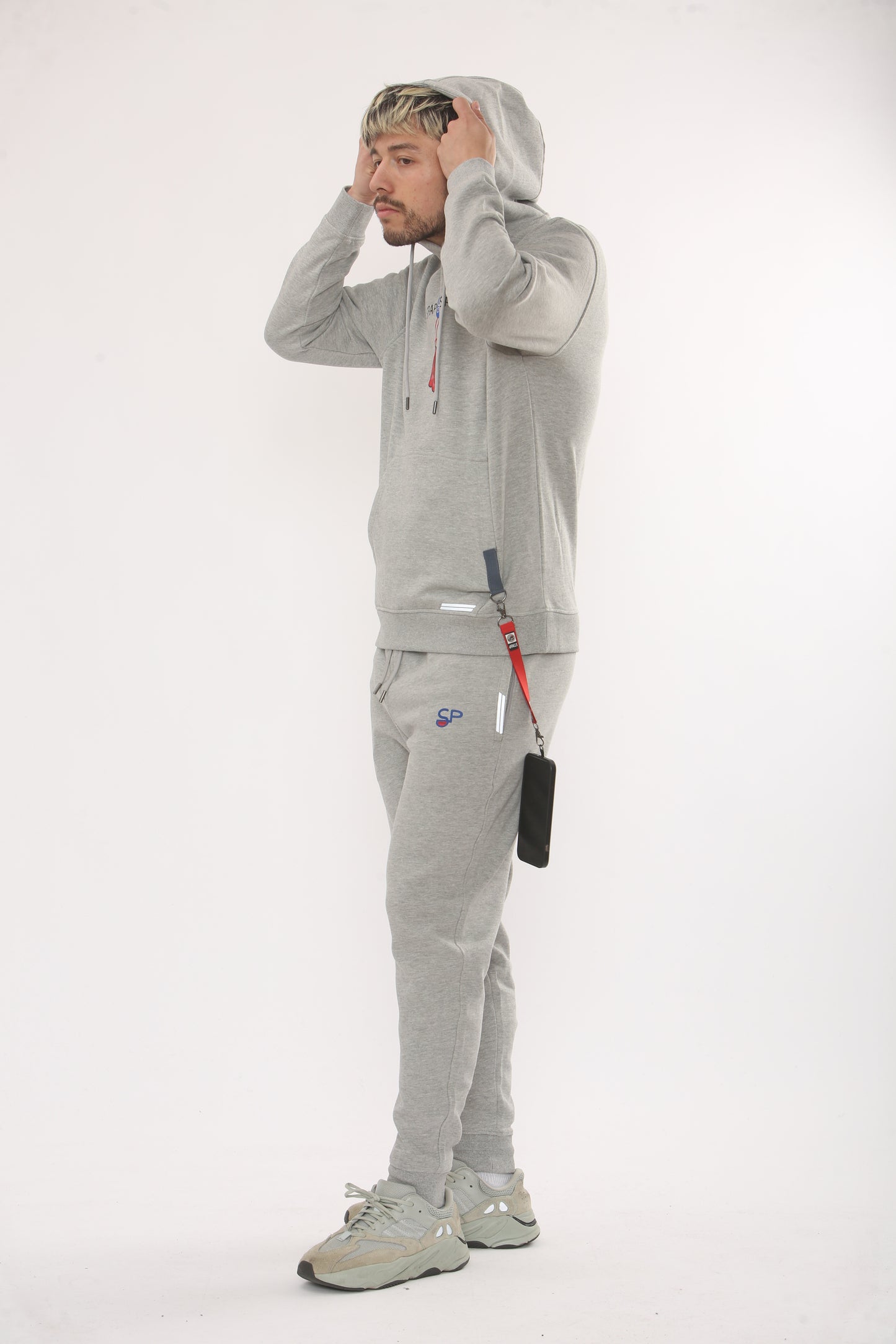 GREY HOODIE TRACKSUIT WITH CENTRE LOGO AND GLOVES SIDE STRAP