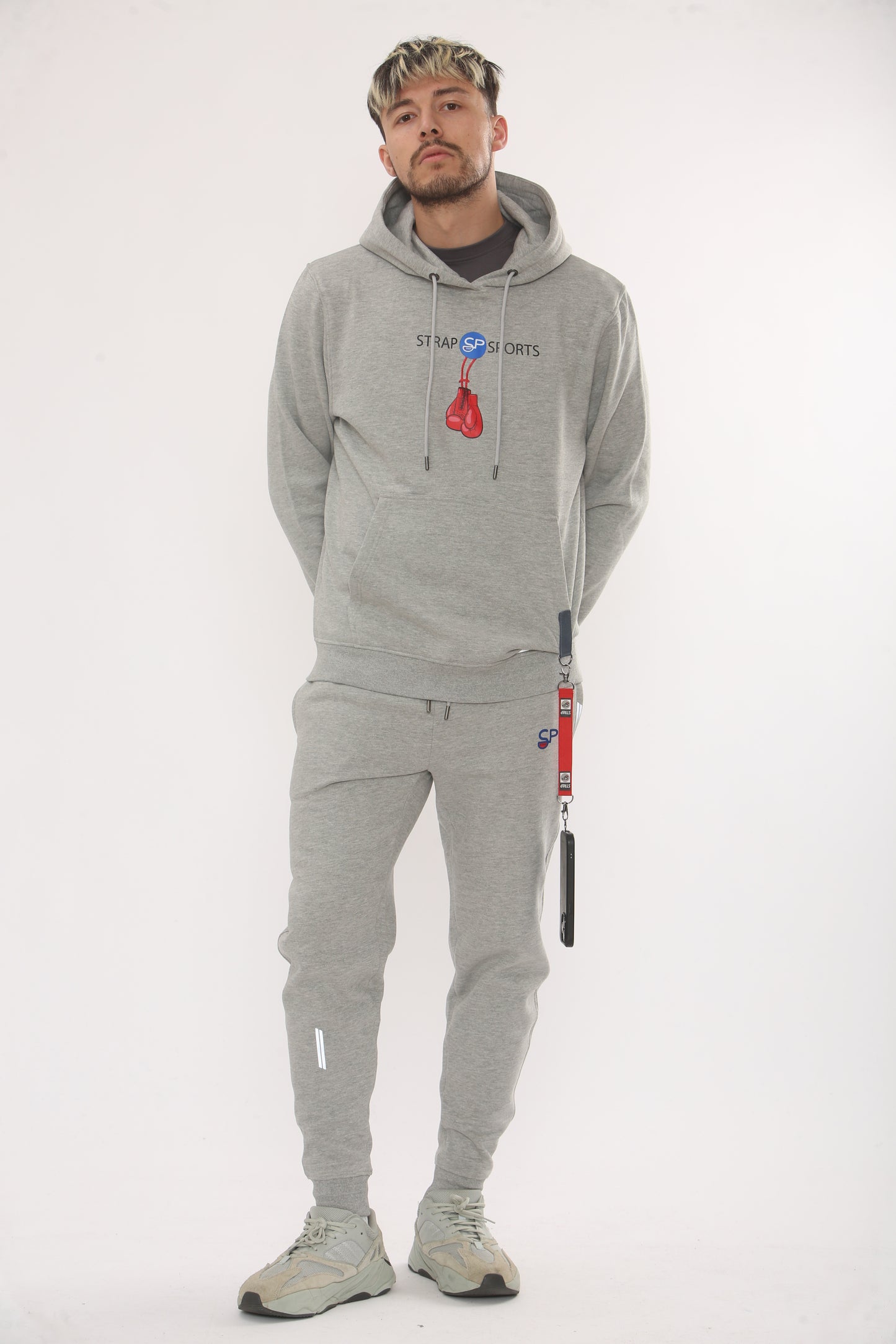 GREY HOODIE TRACKSUIT WITH CENTRE LOGO AND GLOVES SIDE STRAP