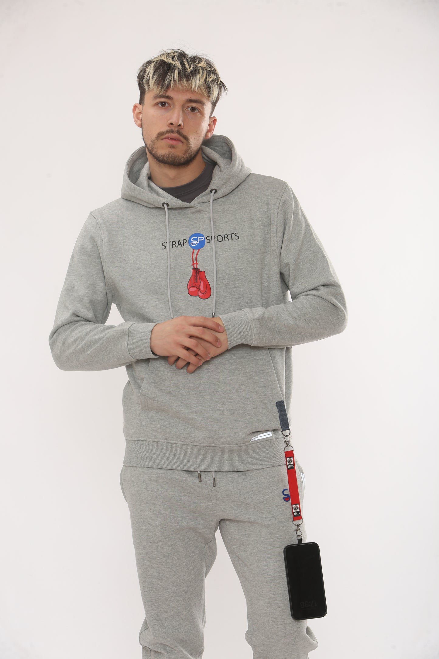 GREY HOODIE TRACKSUIT WITH CENTRE LOGO AND GLOVES SIDE STRAP