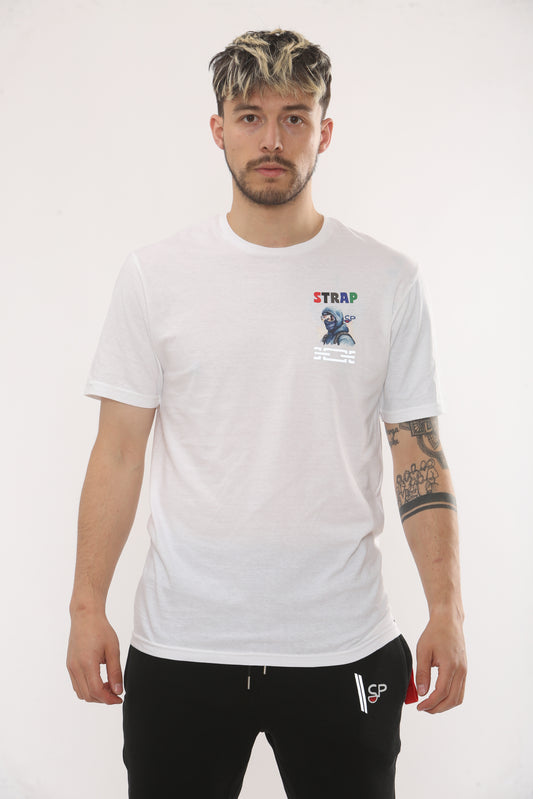 White Tshirt with side logo and reflective and bottom strap connection