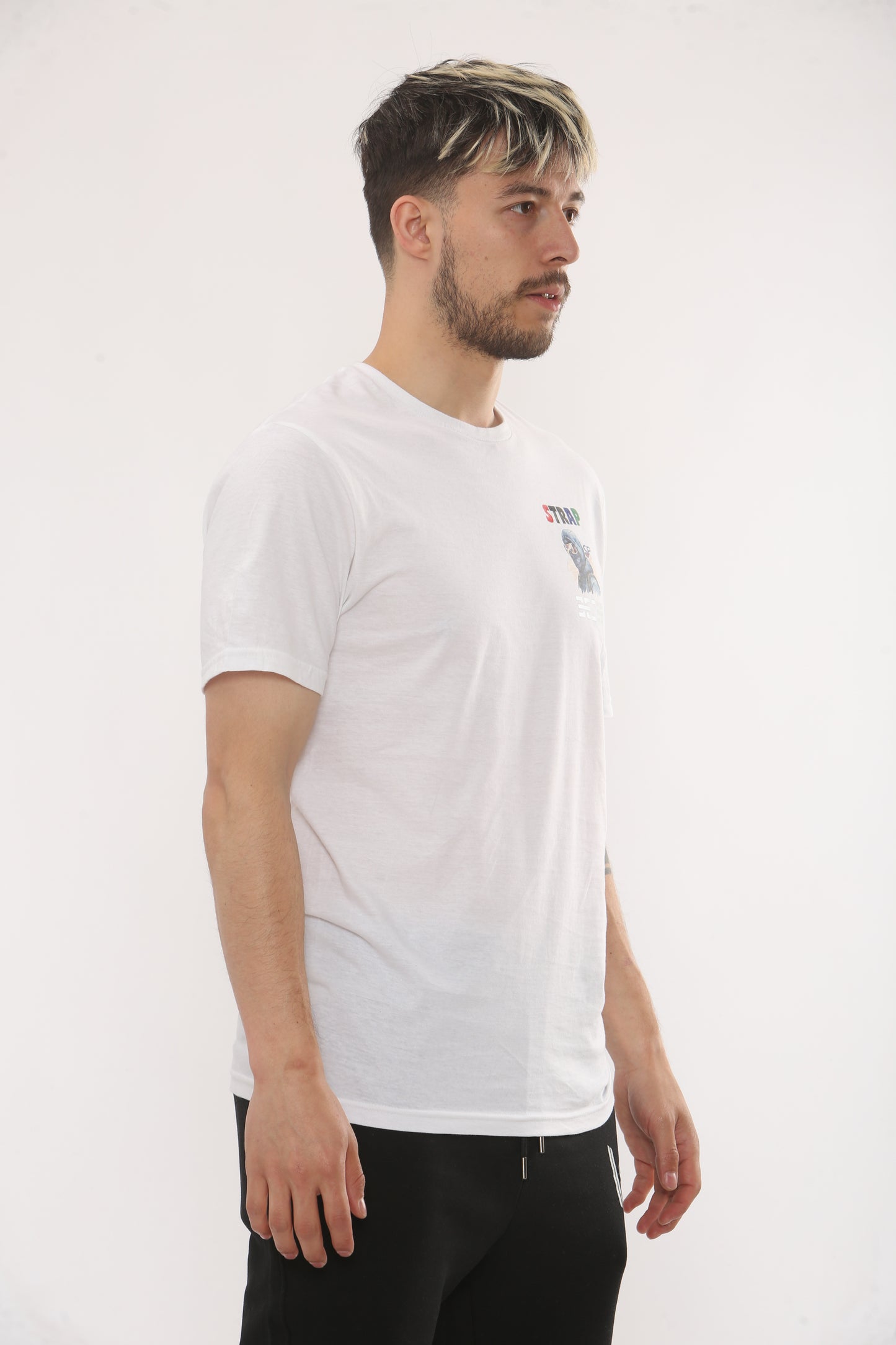 White Tshirt with side logo and reflective and bottom strap connection
