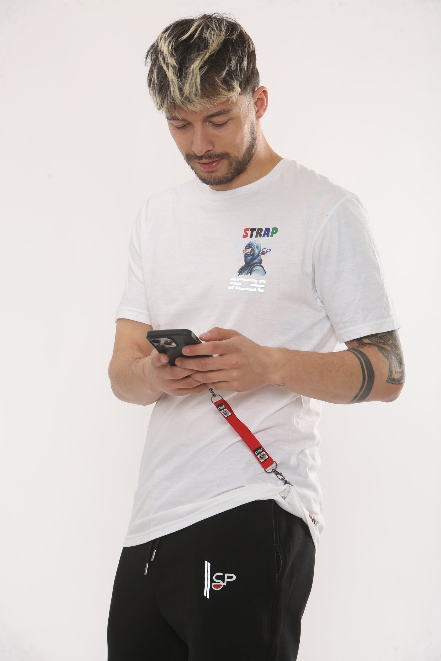 White Tshirt with side logo and reflective and bottom strap connection